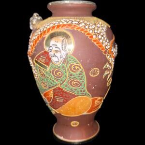Vintage Japanese Satsuma Moriage Dragon Vase Hand Painted Raised Relief